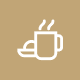 A simple white coffee cup icon on a beige background.