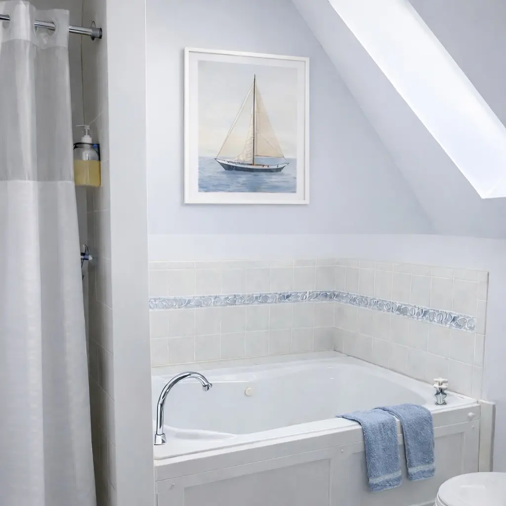 Modern bathroom with bathtub and sailboat painting.