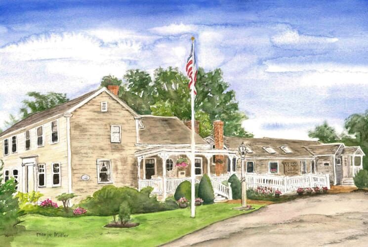 Watercolor rendering of a building painted light tan with white trim, front porch, and surrounded by green grass, green bushes, and flowers